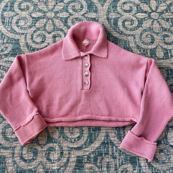 Show‎ Me Your Mumu Pink Knit Cropped Crawford Collared Sweater - Size L - Picture 3 of 9